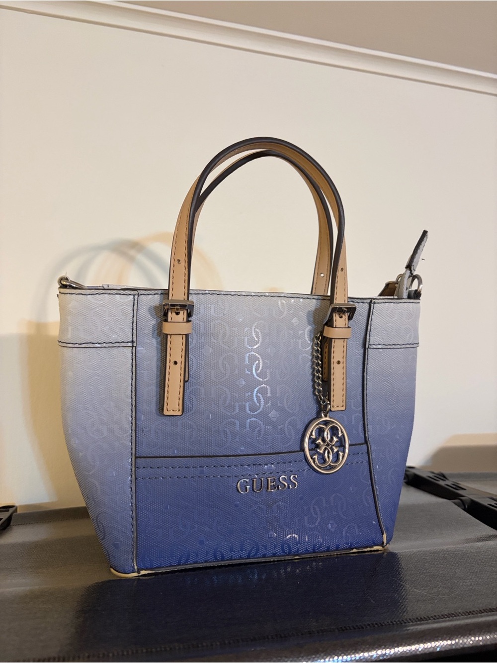 GUESS Blue Ombre Satchel with Tan Handles and Logo Charm